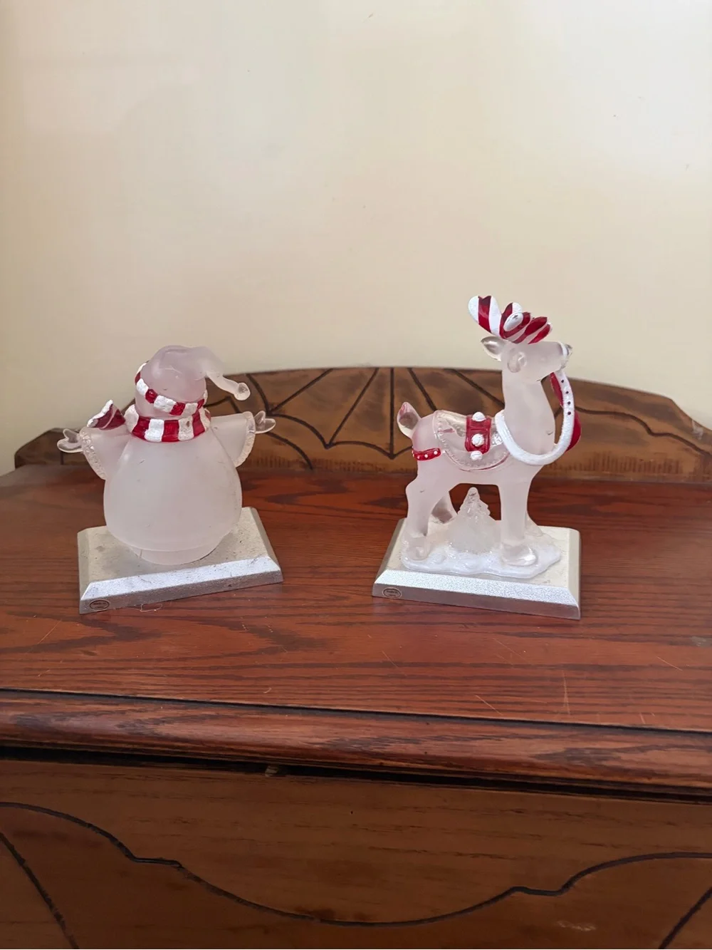 VINTAGE Frosted Glass Snowman and Reindeer Holiday Mantel Hooks - Red & White